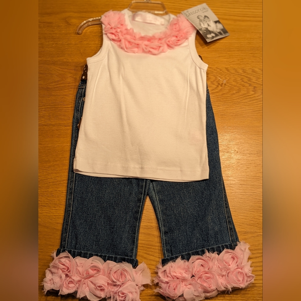 Greggy Girl Boutique 2 Piece Set Top & Denim Jeans with Pink Roses NWT Girls 7